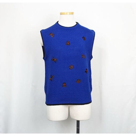 Vintage Sweaters - Vintage 80s Sweater Vest Blue Wool Teddy Bears Sleeveless Misses Size M